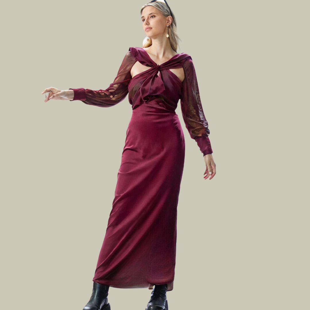 ALINA | Elegant Midi Dress with Embroidered Neckline