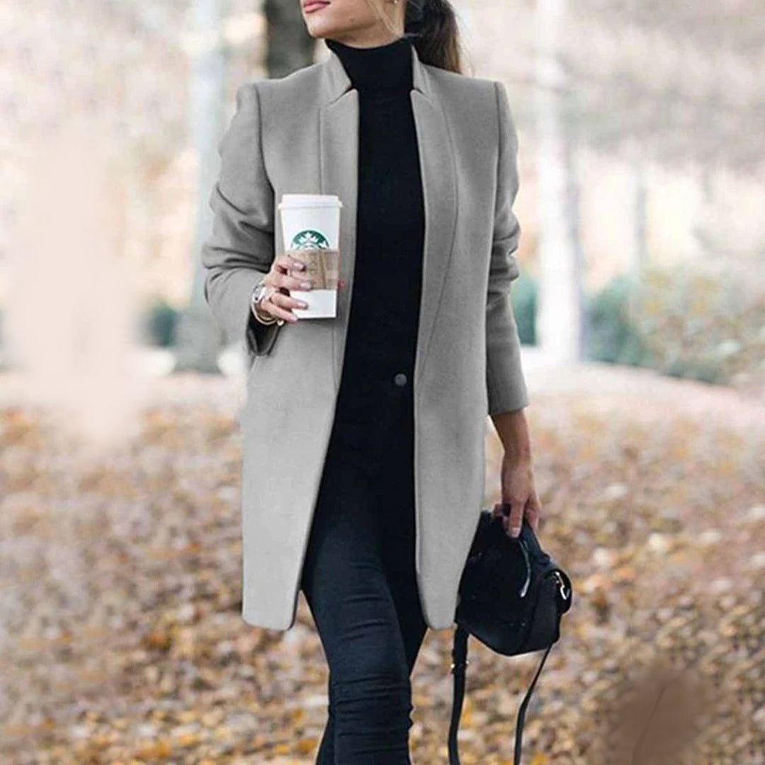 Felie | Long wool trench coat with stand-up collar
