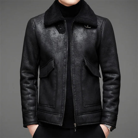 Men's Leather Jacket – Hip-Length Design with Fleece-Lined Collar and Practical Zipper