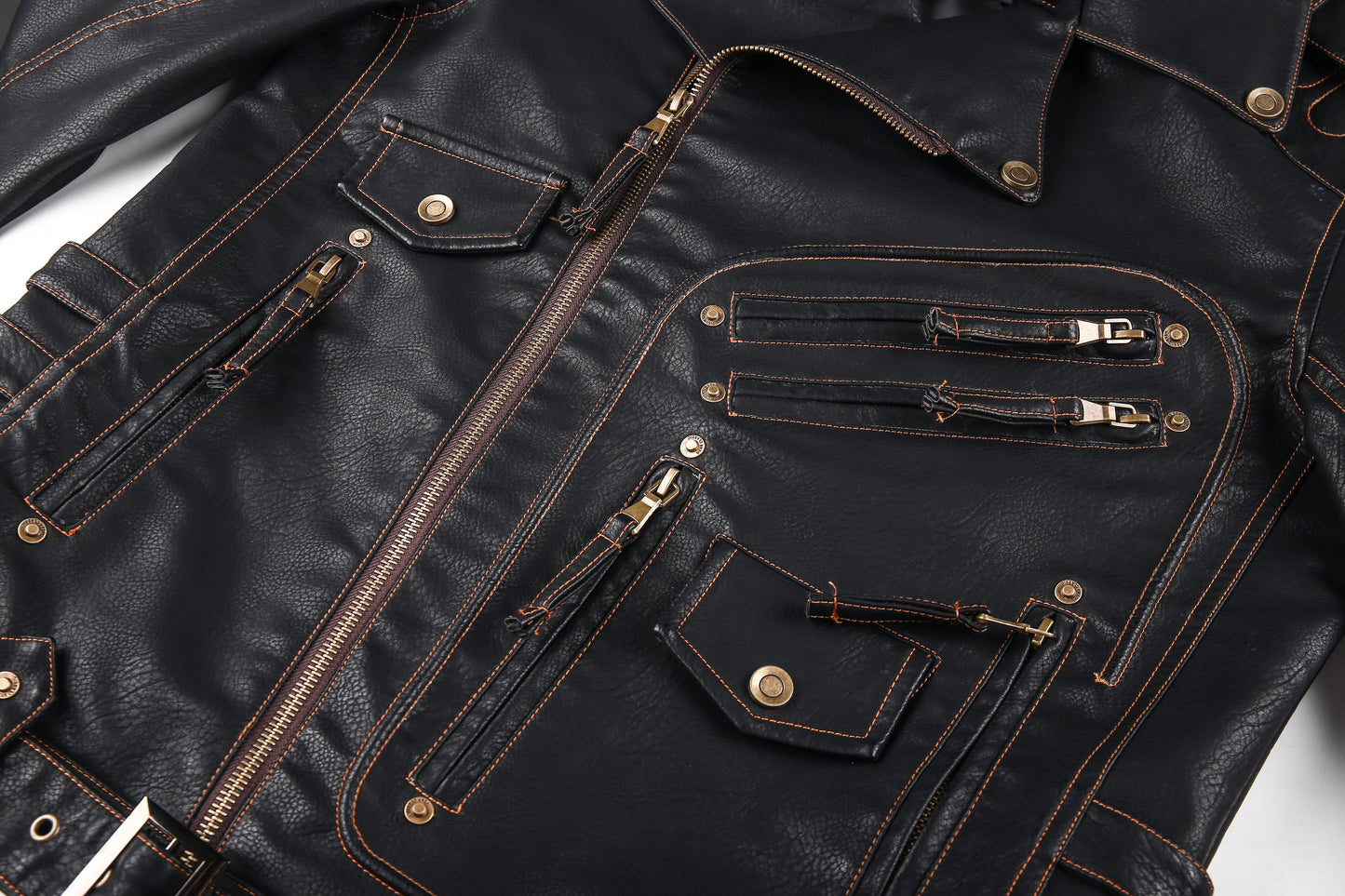 Men's Biker Jacket in Genuine Leather – Asymmetric Zipper and Belt