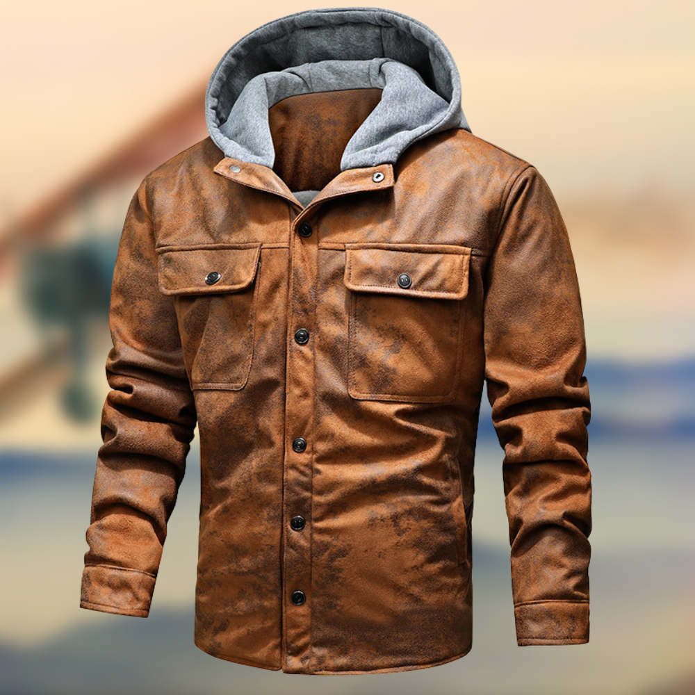 Mr. Leather Jacket with Hood and Soft Lining – Button Closure & Chest Pockets