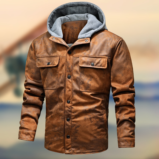 Mr. Leather Jacket with Hood and Soft Lining – Button Closure & Chest Pockets