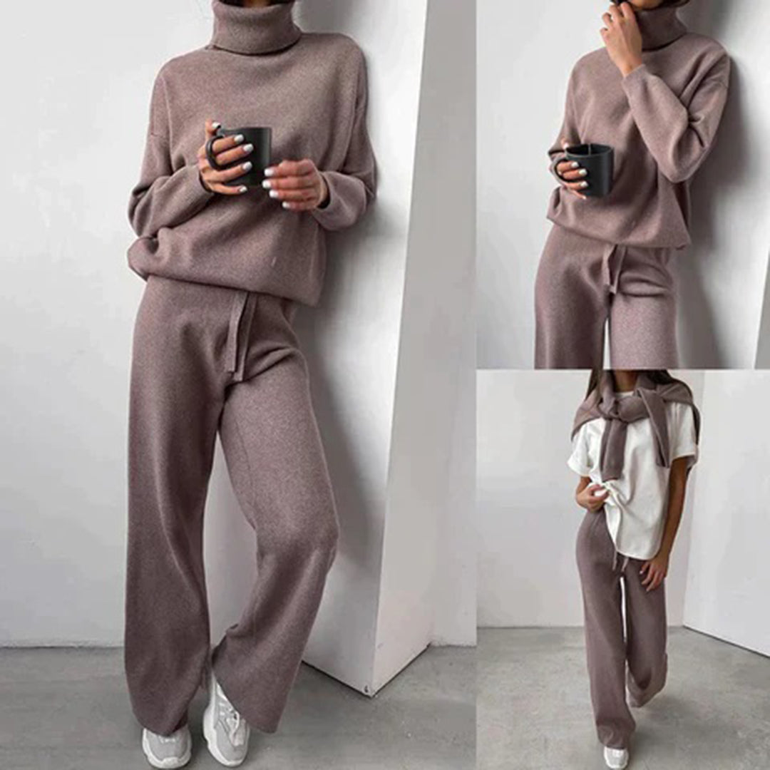 Mirea™ | Strikket lounge-sæt i cashmere-look med skildpaddeskjorte