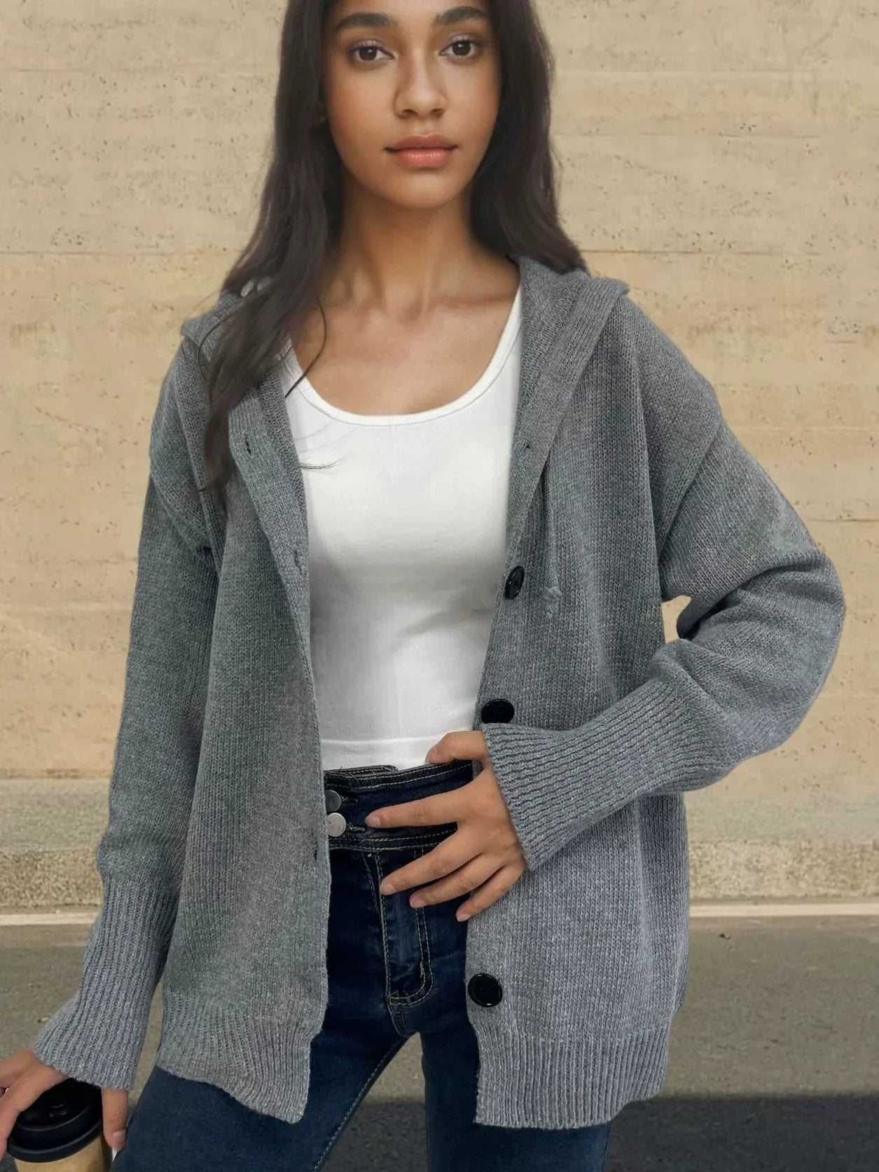 Sivelle – Avslappnad Knäppt Stickad Hoodie med Ribbad Kant