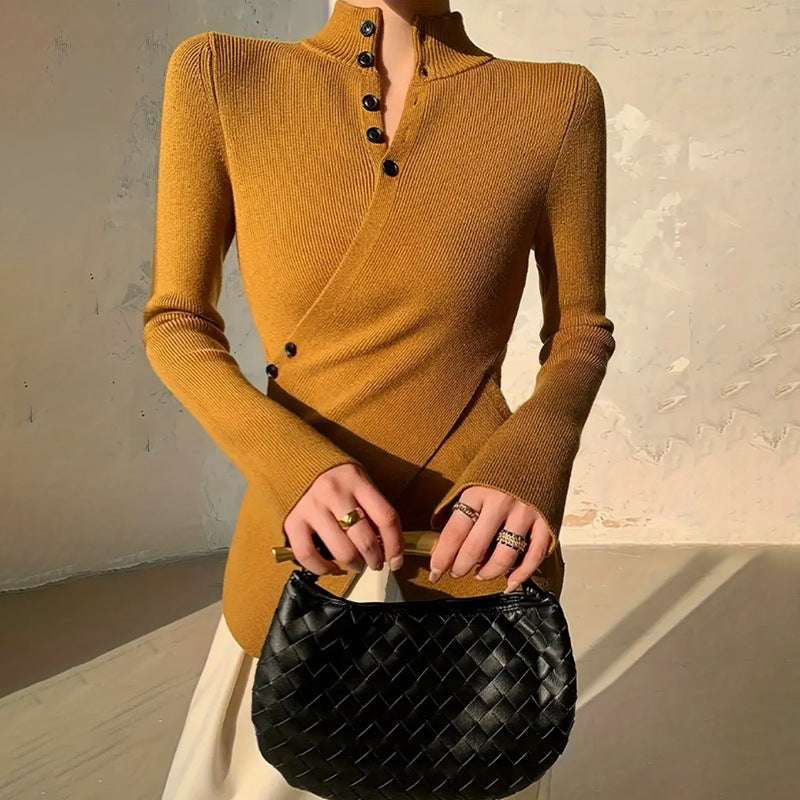 Sagonia Asymmetric Sweater with Buttons and Long Sleeves – Elegant Women's Design