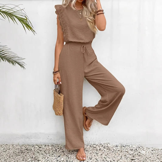 Noelle Lounge Set – Ärmlös Spetsdetalj Topp & Vida Byxor