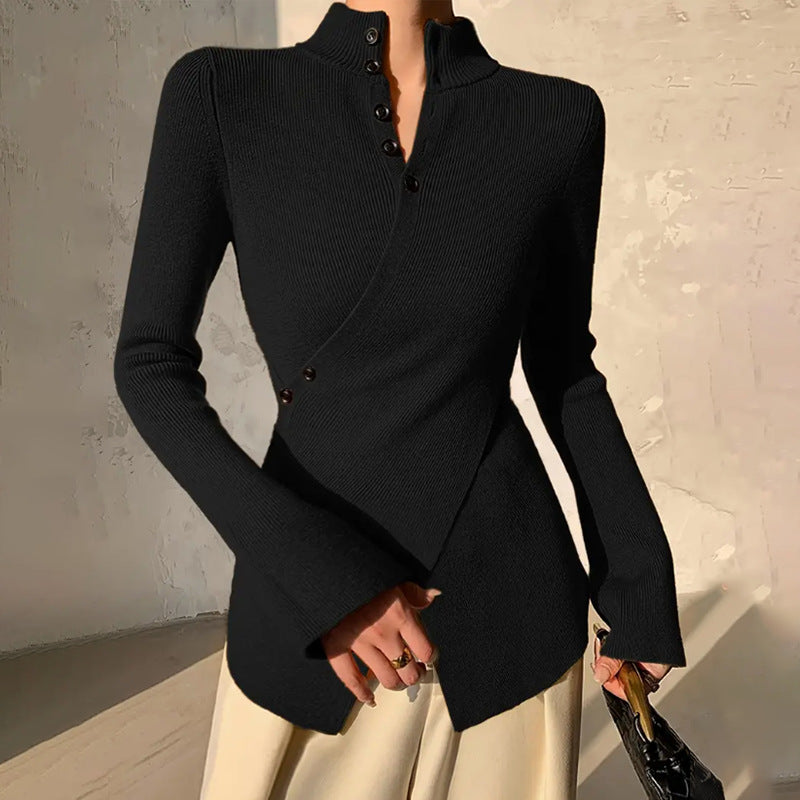 Sagonia Asymmetric Sweater with Buttons and Long Sleeves – Elegant Women's Design