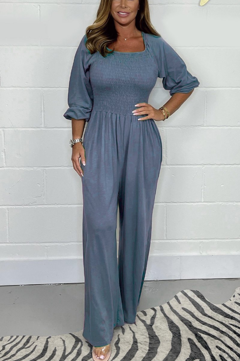 Elvira | Smocket Jumpsuit i Bomuldsblanding med Vide Ben