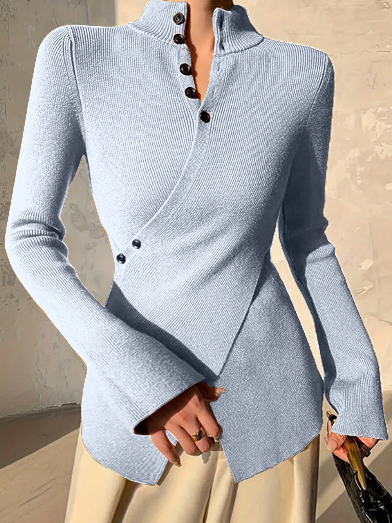 Sagonia Asymmetric Sweater with Buttons and Long Sleeves – Elegant Women's Design