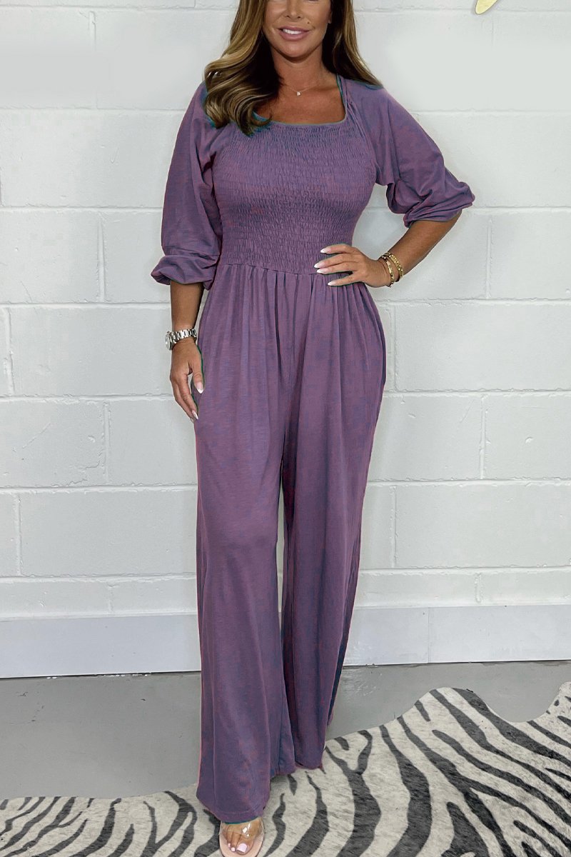 Elvira | Smocket Jumpsuit i Bomuldsblanding med Vide Ben
