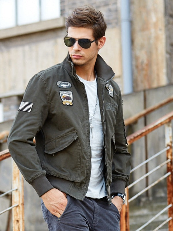 Artur – Casual bomber jacket with military patches, ribbed collar and stand-up collar
