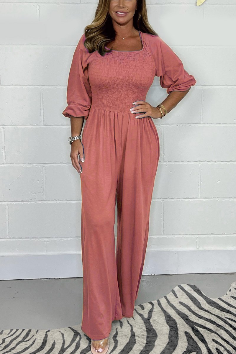 Elvira | Smocket Jumpsuit i Bomuldsblanding med Vide Ben