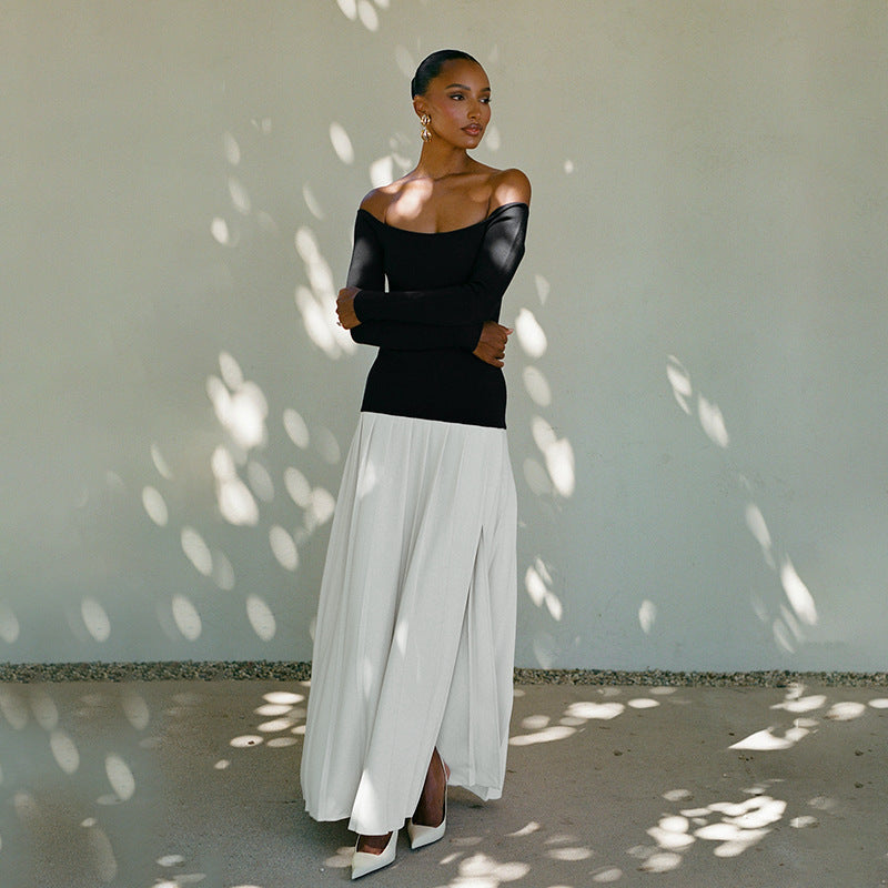 Women's dress off shoulder – fitted bodice – long sleeve – pleated maxi skirt