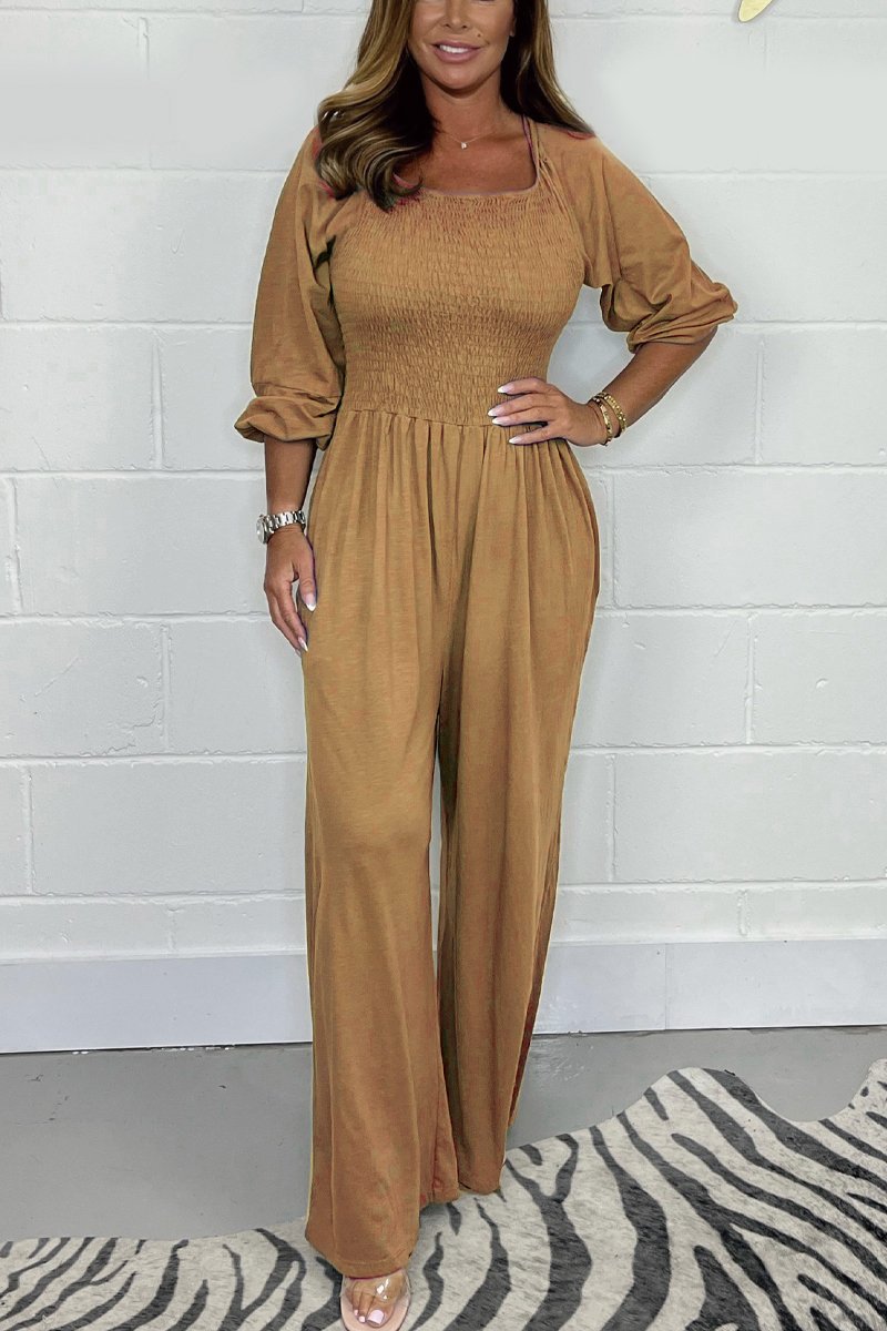 Elvira | Smocket Jumpsuit i Bomuldsblanding med Vide Ben