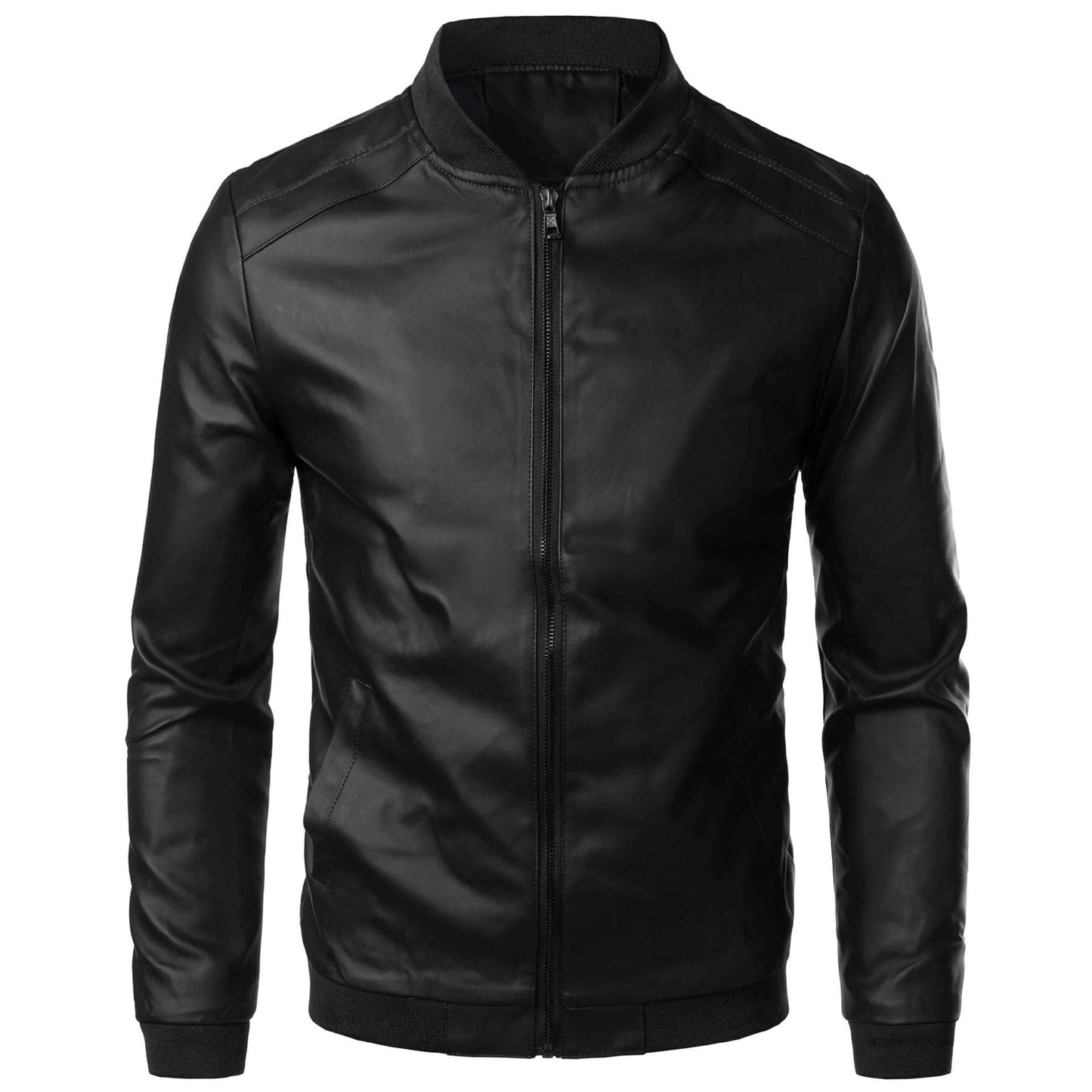Men's Leather Jacket Slim Fit with Stand Collar and Zipper – Timeless Style