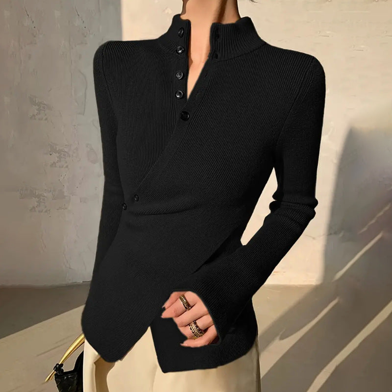 Sagonia Asymmetric Sweater with Buttons and Long Sleeves – Elegant Women's Design