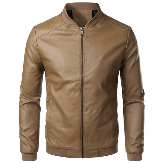 Men's Leather Jacket Slim Fit with Stand Collar and Zipper – Timeless Style
