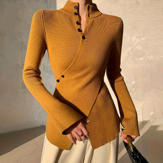 Sagonia Asymmetric Sweater with Buttons and Long Sleeves – Elegant Women's Design