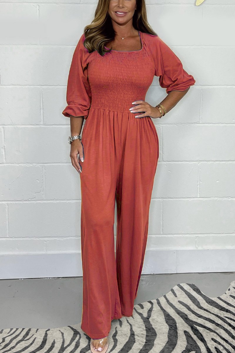 Elvira | Smocket Jumpsuit i Bomuldsblanding med Vide Ben
