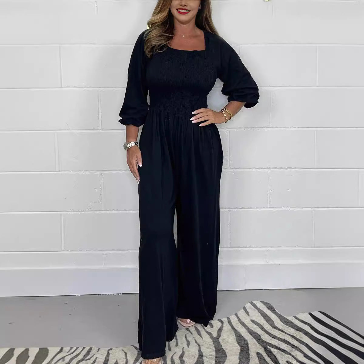 Elvira | Smocket Jumpsuit i Bomuldsblanding med Vide Ben