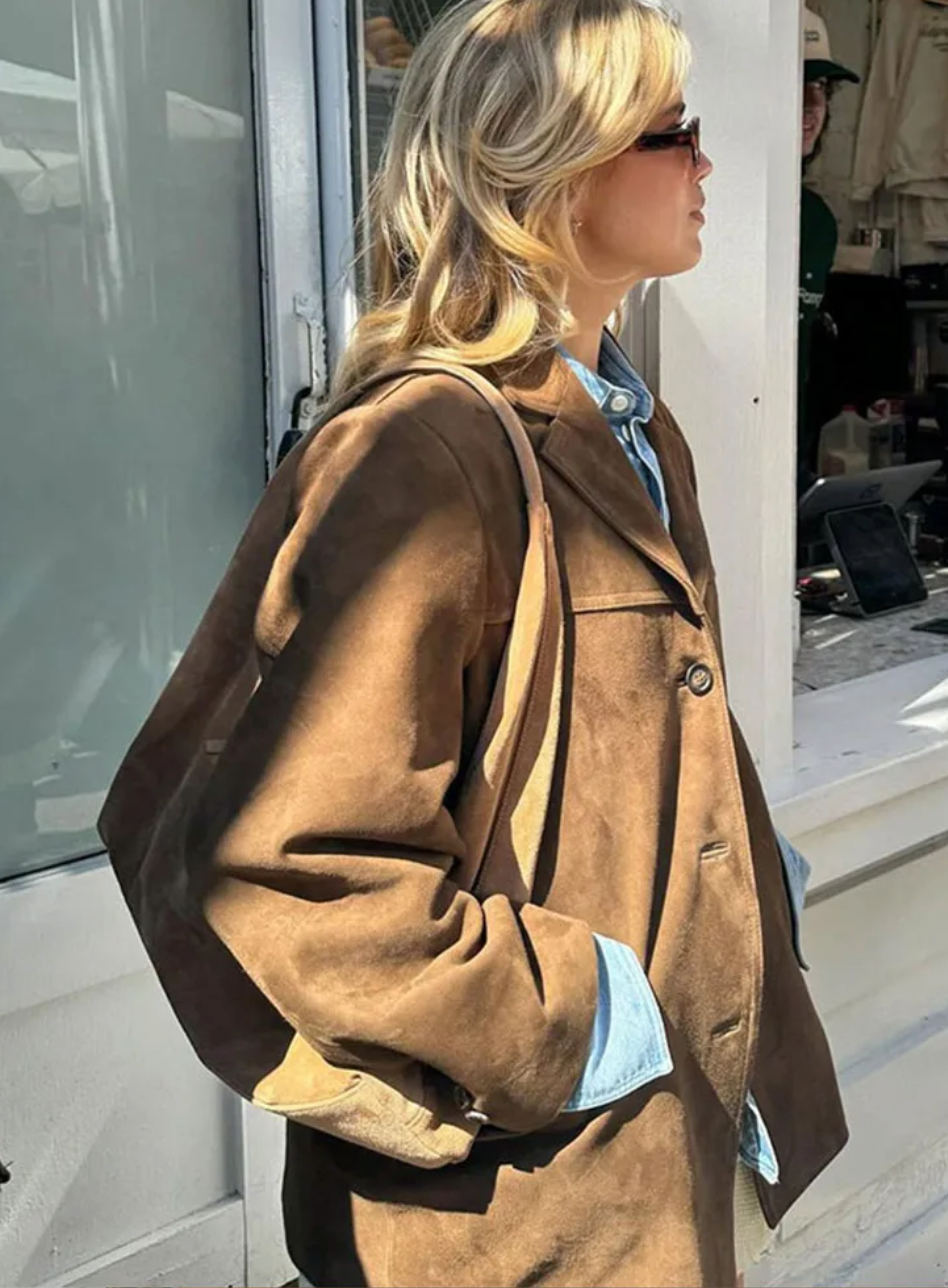 Elina™ | Oversized Höstjacka i Mocka med Enkelknäppning