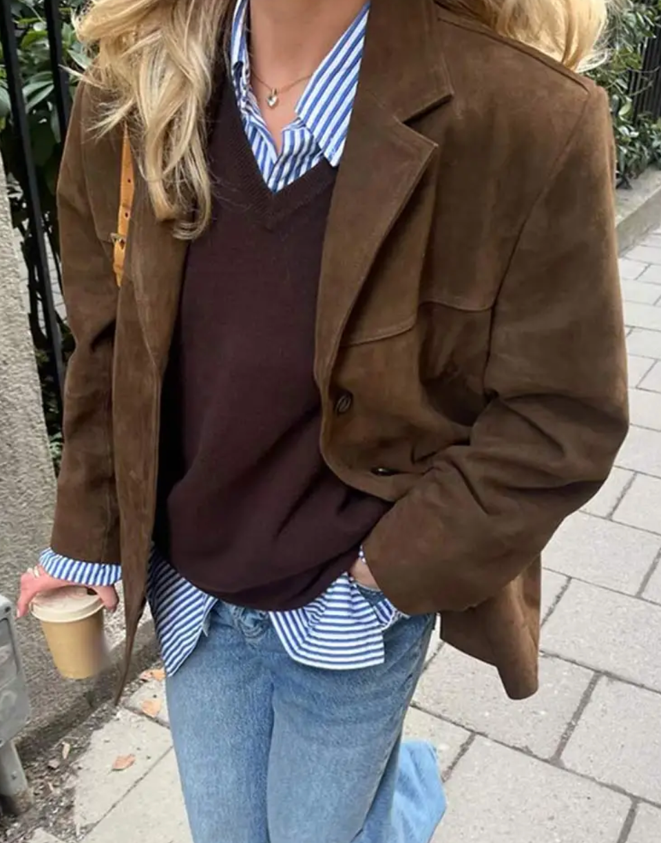 Elina™ | Oversized Höstjacka i Mocka med Enkelknäppning