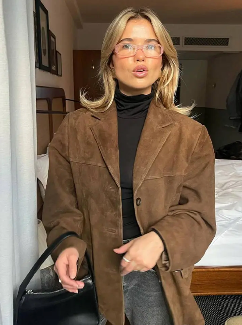 Elina™ | Oversized Höstjacka i Mocka med Enkelknäppning