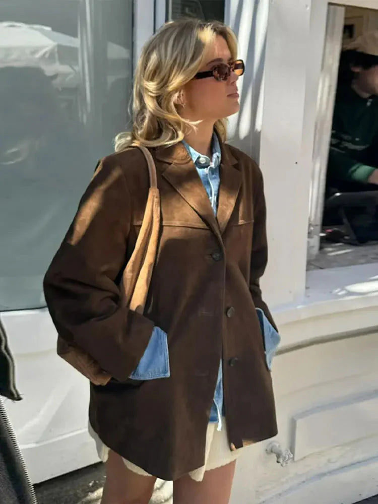 Elina™ | Oversized Höstjacka i Mocka med Enkelknäppning