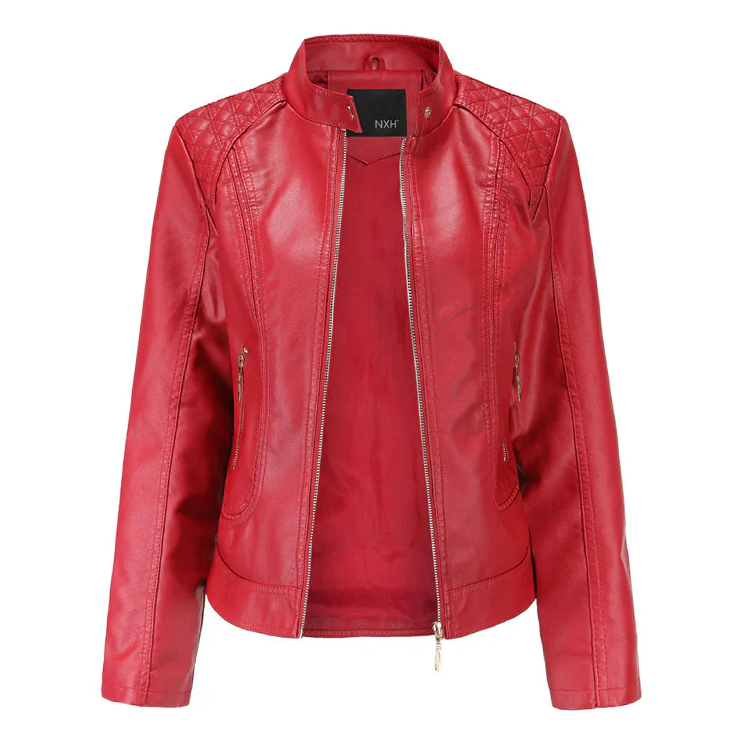Black Leather Jacket Women – Slim Fit with Quilted Shoulders and Zipper Pockets