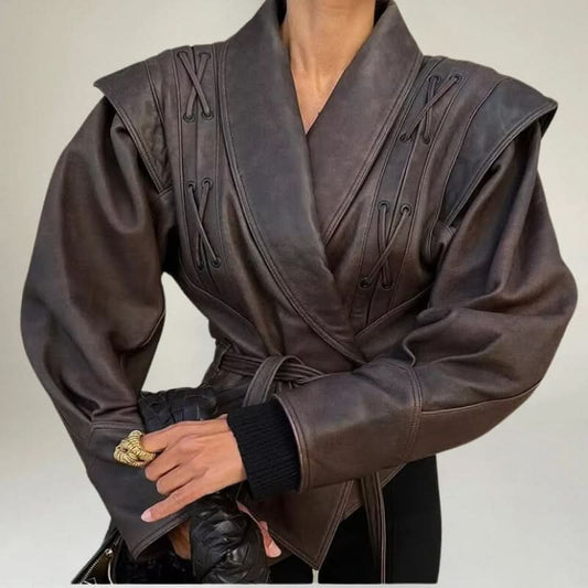 Matelina Dam Leather Jacket – Genuine Leather Jacket with Structured Fit & Lacing