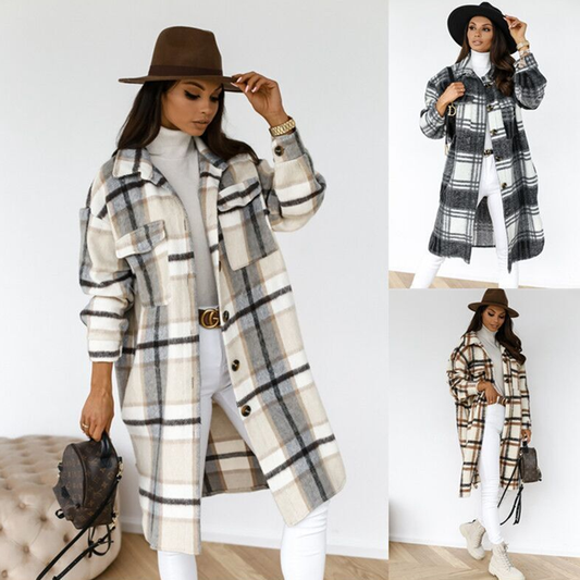 FRANKA™ | Oversized Rutig Ullkappa med Knappslå för Dam