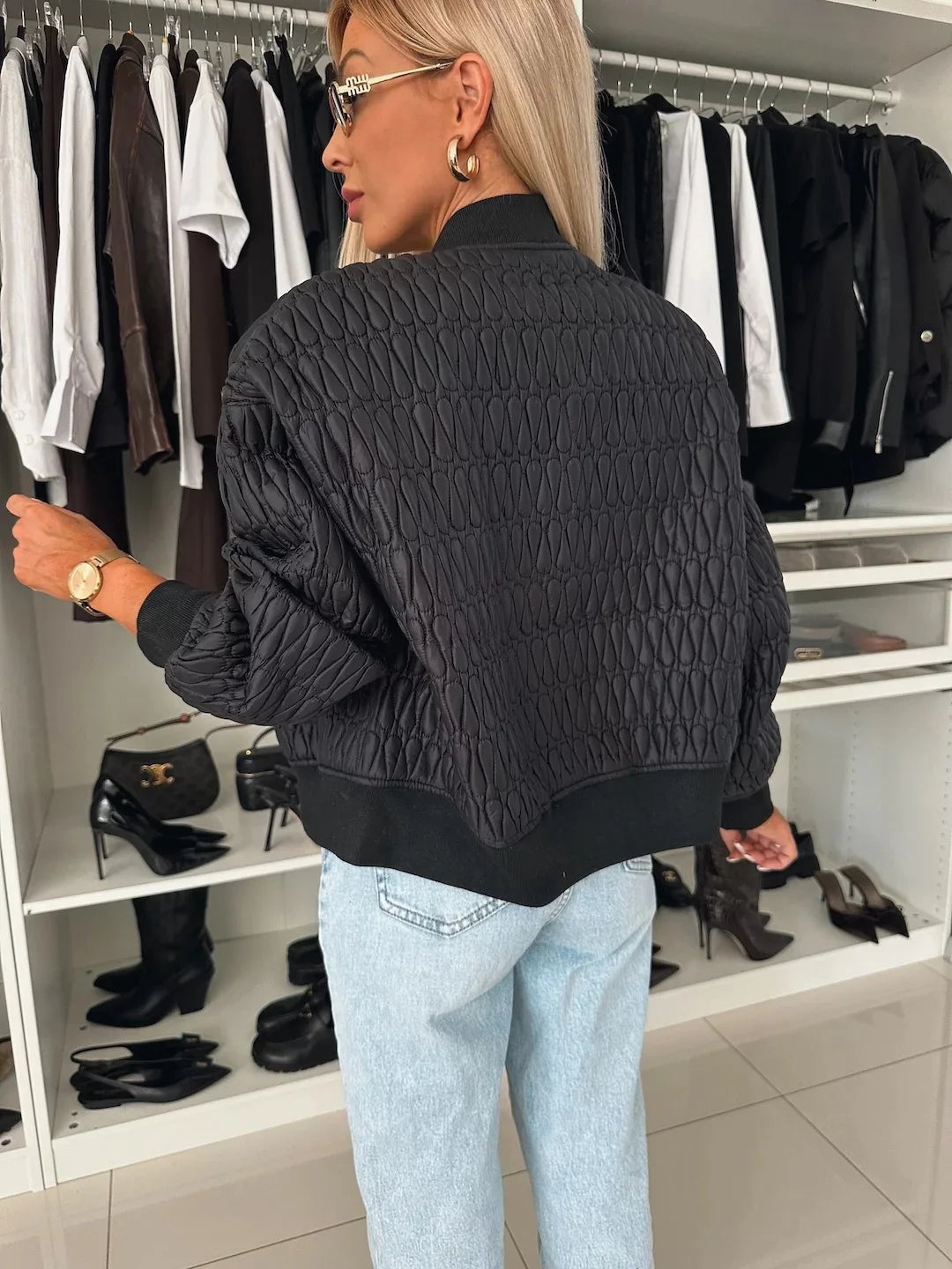Dam Bomber Jacket with Quilted Pattern and Relaxed Fit – Trendy Spring Jacket