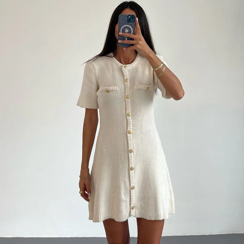 CELESTE™ | Knitted Mini Dress with Metal Buttons and Figure-Hugging Silhouette