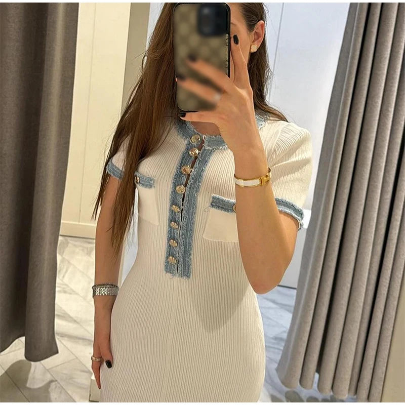 DALIA™ | Elegant Long Dress in Denim & Knitted Patchwork