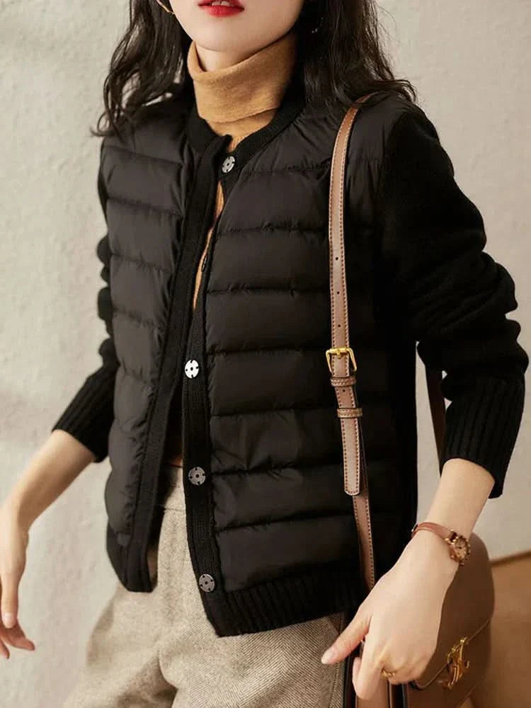 Down Jacket Quilted – Hybrid Design with Knitted Sleeves and Collar
