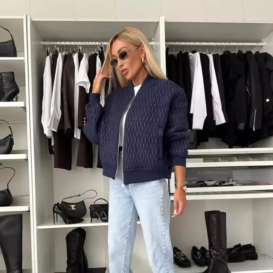 Dam Bomber Jacket with Quilted Pattern and Relaxed Fit – Trendy Spring Jacket