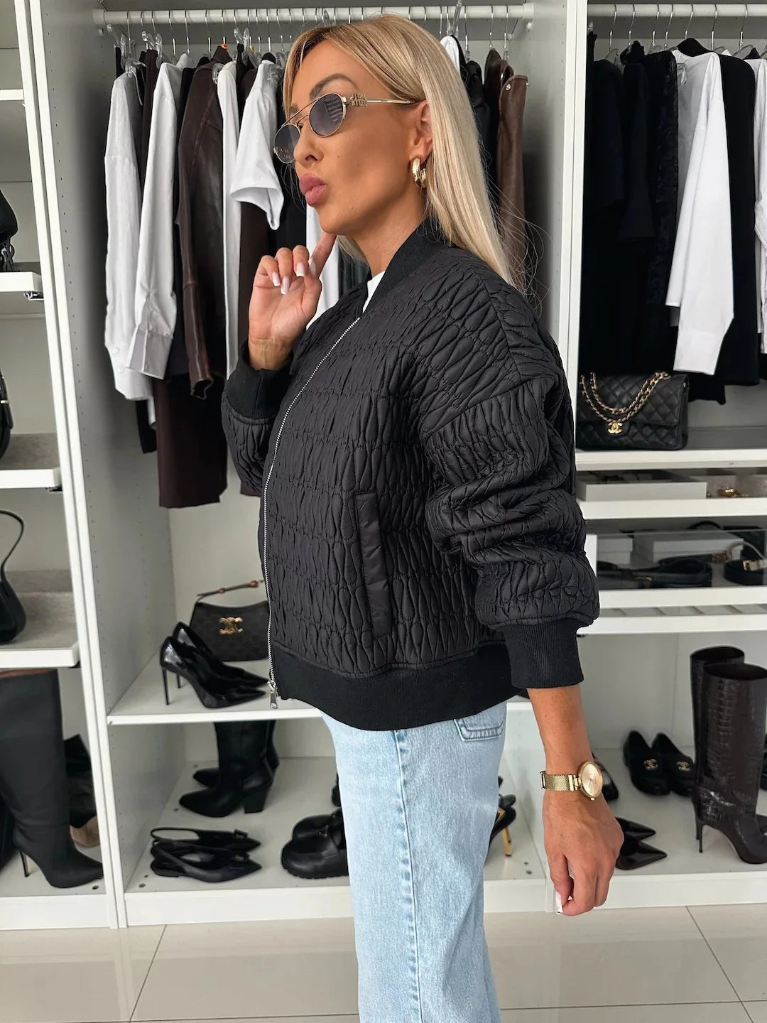 Dam Bomber Jacket with Quilted Pattern and Relaxed Fit – Trendy Spring Jacket