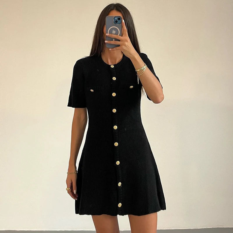 CELESTE™ | Knitted Mini Dress with Metal Buttons and Figure-Hugging Silhouette