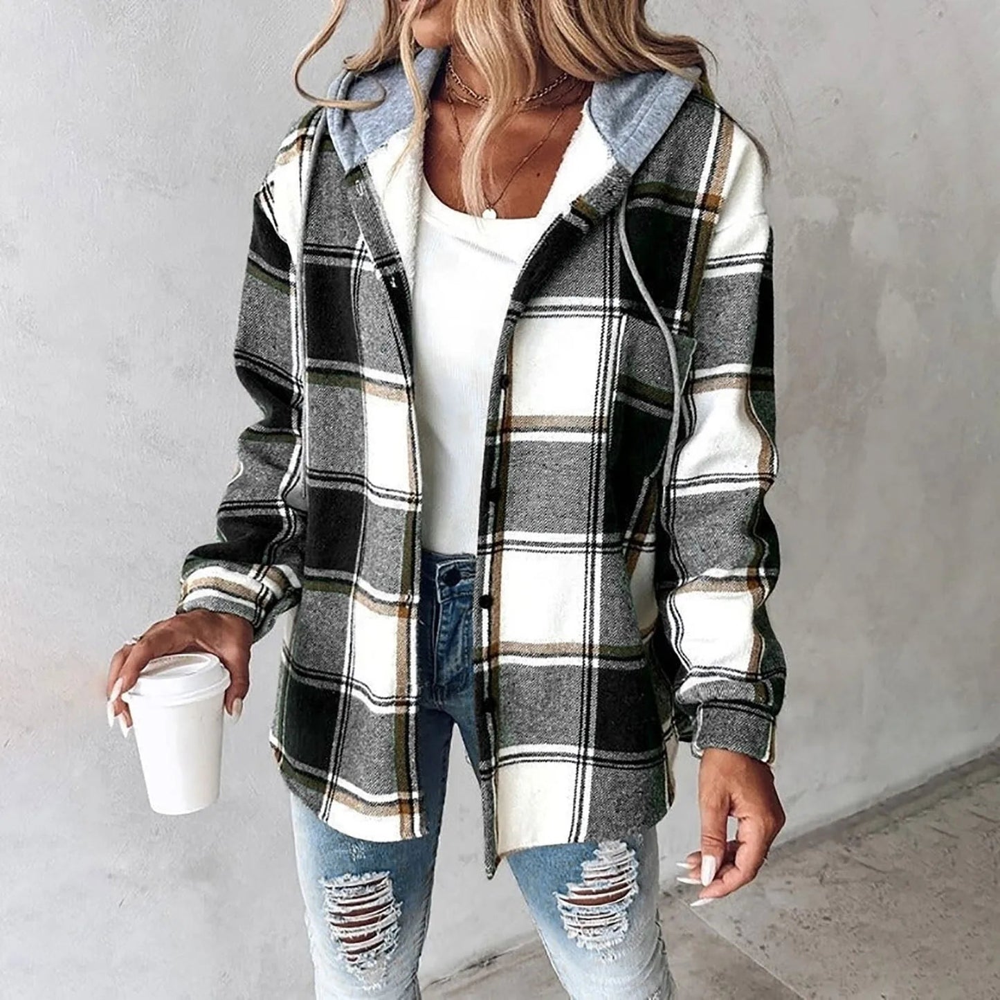 VILA™ | Flanelljacka med Hoodie i Mjuk Borstad Kvalitet