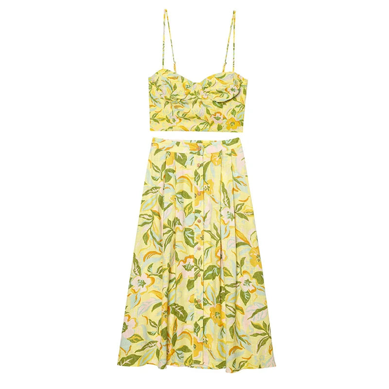 Isla | Blomstret To-delt Sæt med Crop Top & A-linjekjole