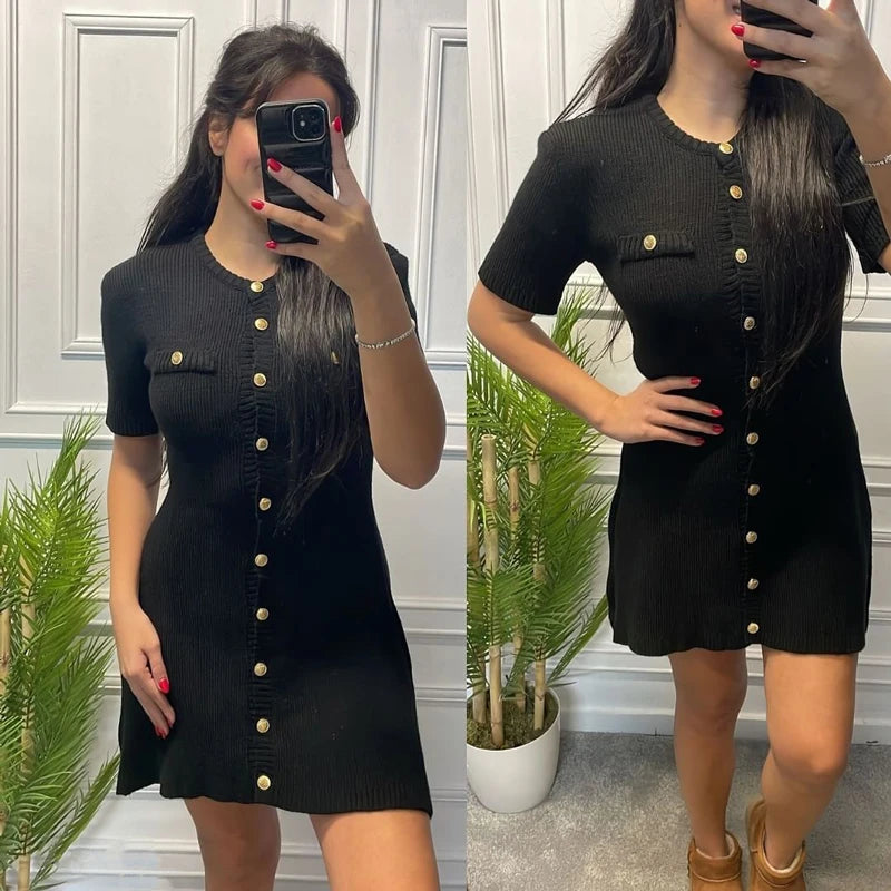 CELESTE™ | Knitted Mini Dress with Metal Buttons and Figure-Hugging Silhouette