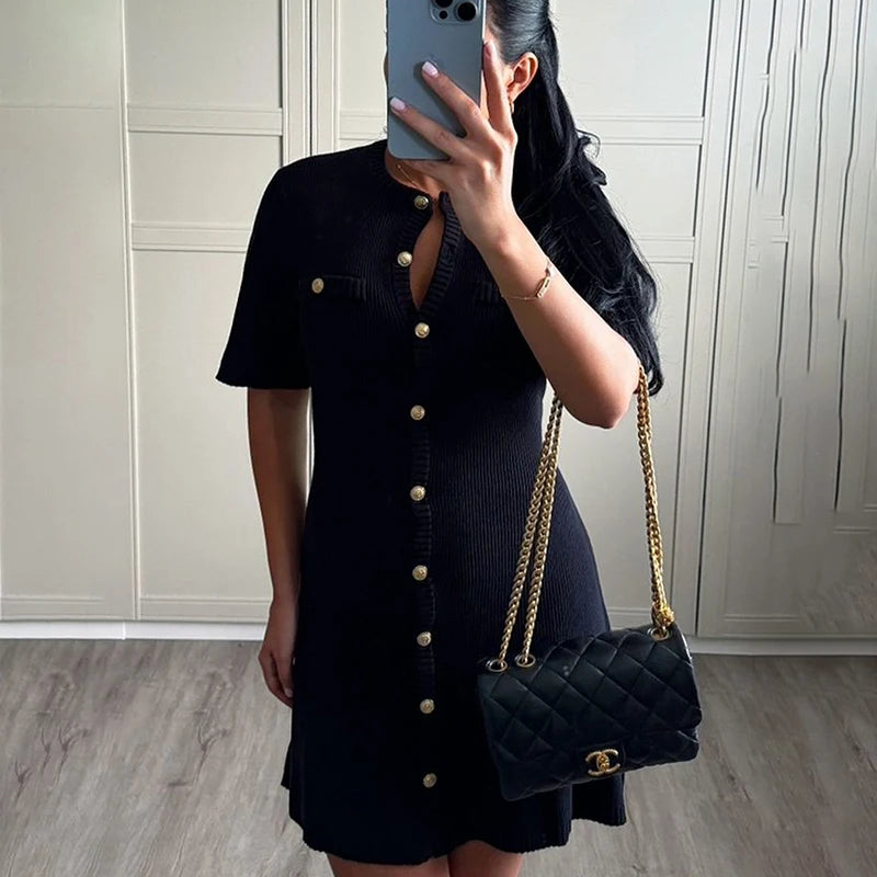 CELESTE™ | Knitted Mini Dress with Metal Buttons and Figure-Hugging Silhouette
