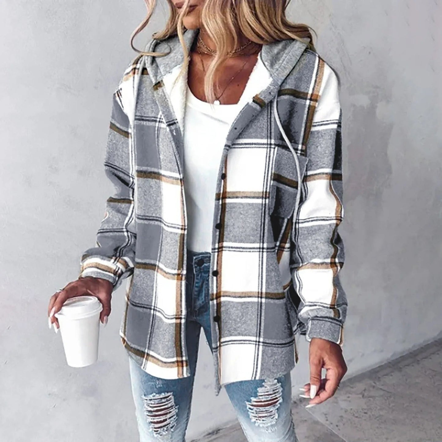 VILA™ | Flanelljacka med Hoodie i Mjuk Borstad Kvalitet