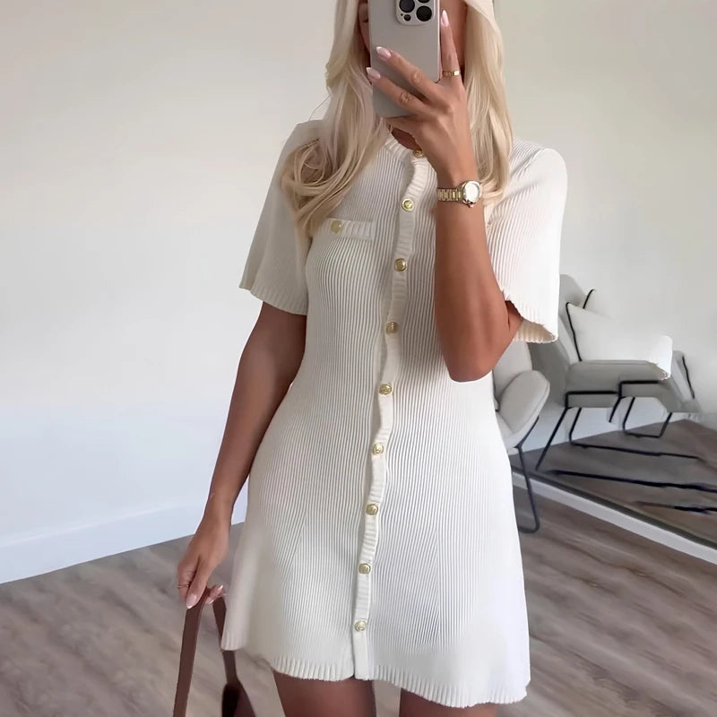 CELESTE™ | Knitted Mini Dress with Metal Buttons and Figure-Hugging Silhouette