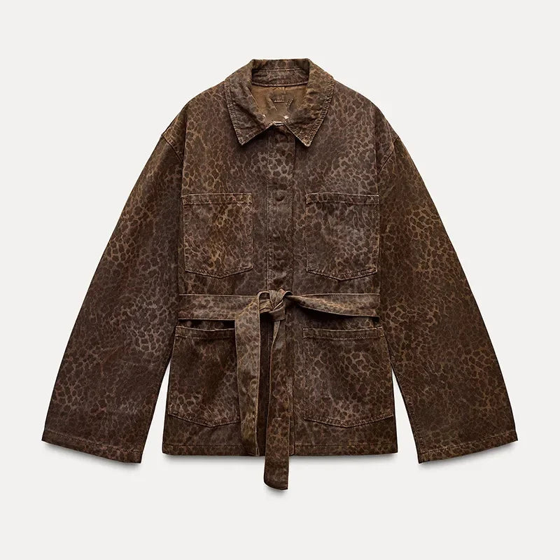 Bravella Casual Leopardprint Denimjakke – Moderne Lag-på-lag-stykke