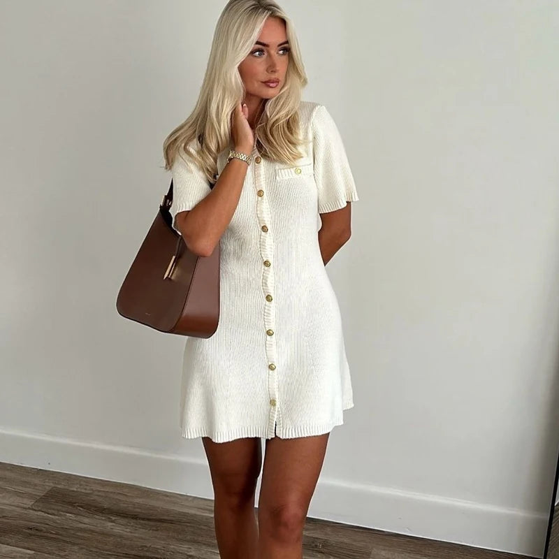 CELESTE™ | Knitted Mini Dress with Metal Buttons and Figure-Hugging Silhouette
