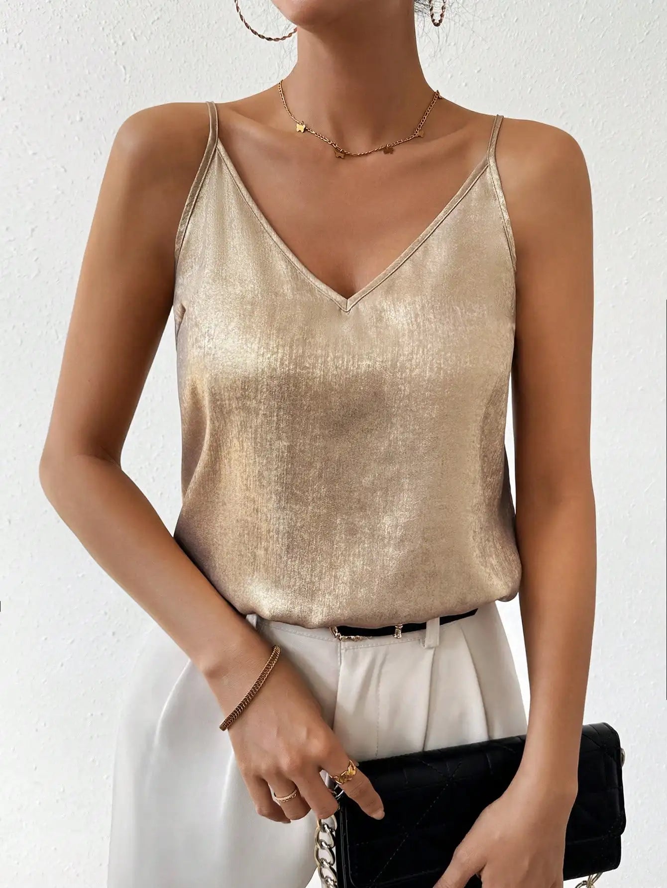 Ebba | Metallic V-neck camisole top with spaghetti straps