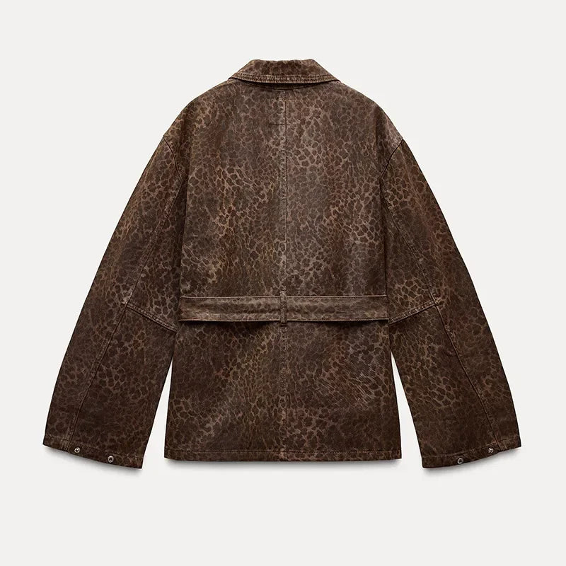 Bravella Casual Leopardprint Denimjakke – Moderne Lag-på-lag-stykke