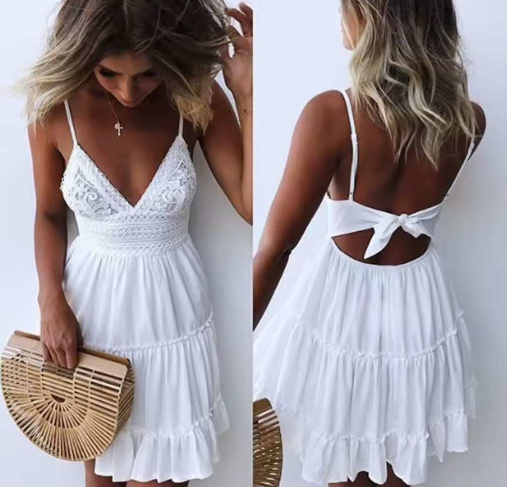 Elina™ | Short Ruffle Dress with Lace Bodice and Bow at the Back
