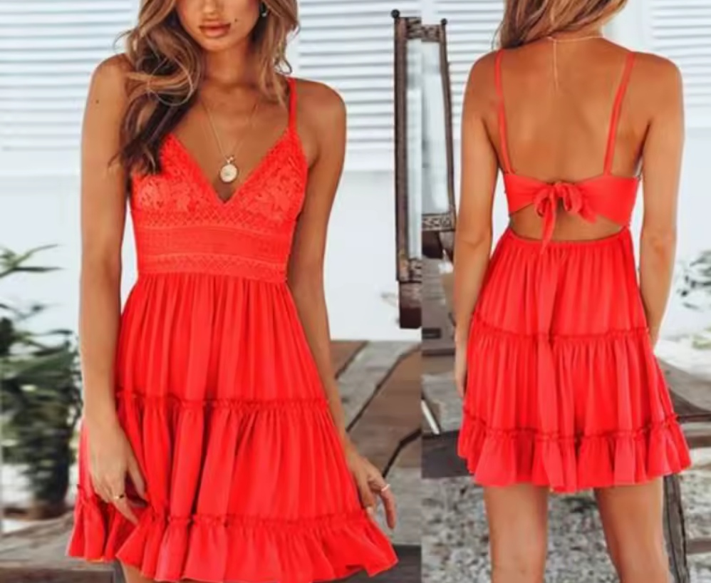 Elina™ | Short Ruffle Dress with Lace Bodice and Bow at the Back